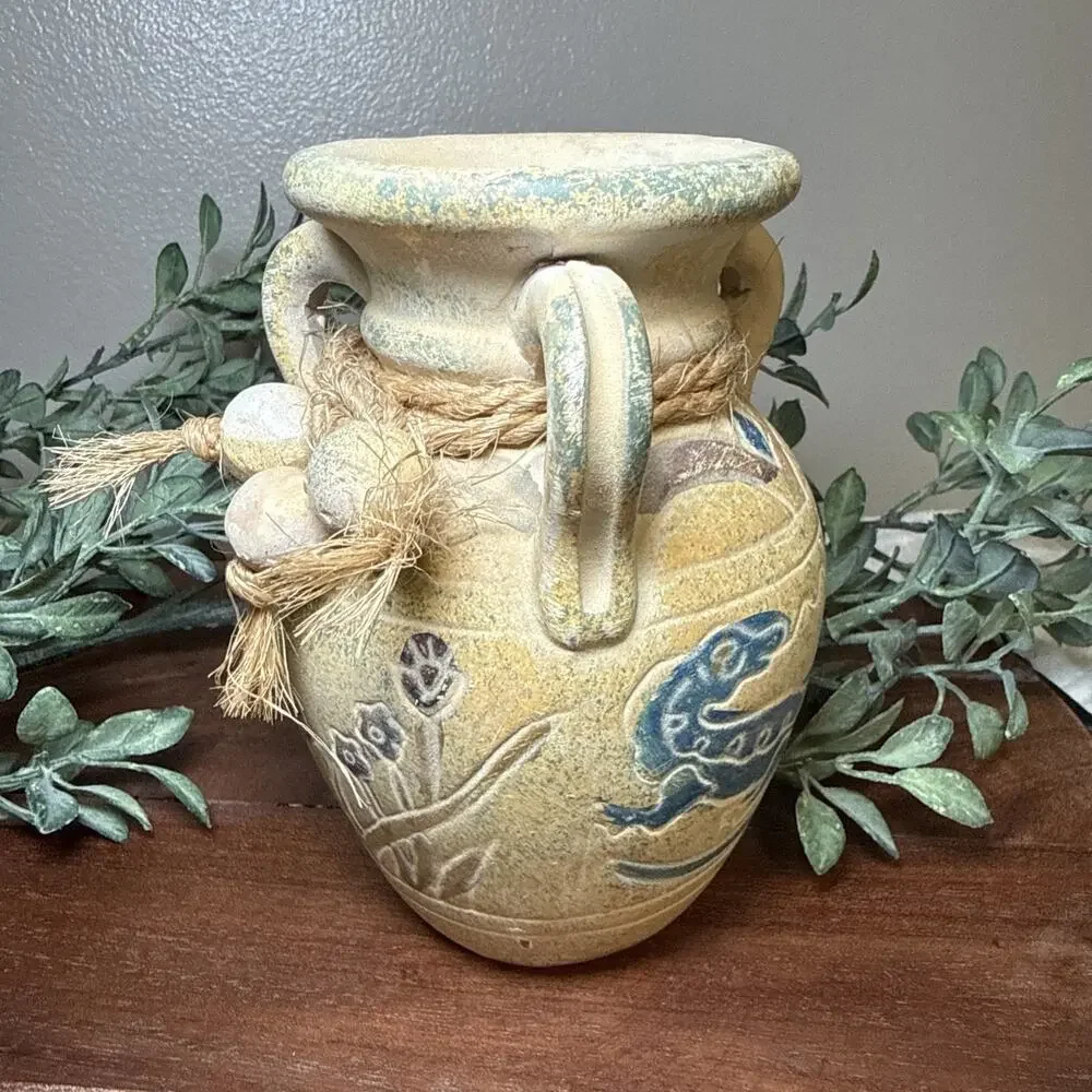 Vintage Art Pottery Gecko Vase Rustic Mediterranean Triple Handle Heavy 5.7”